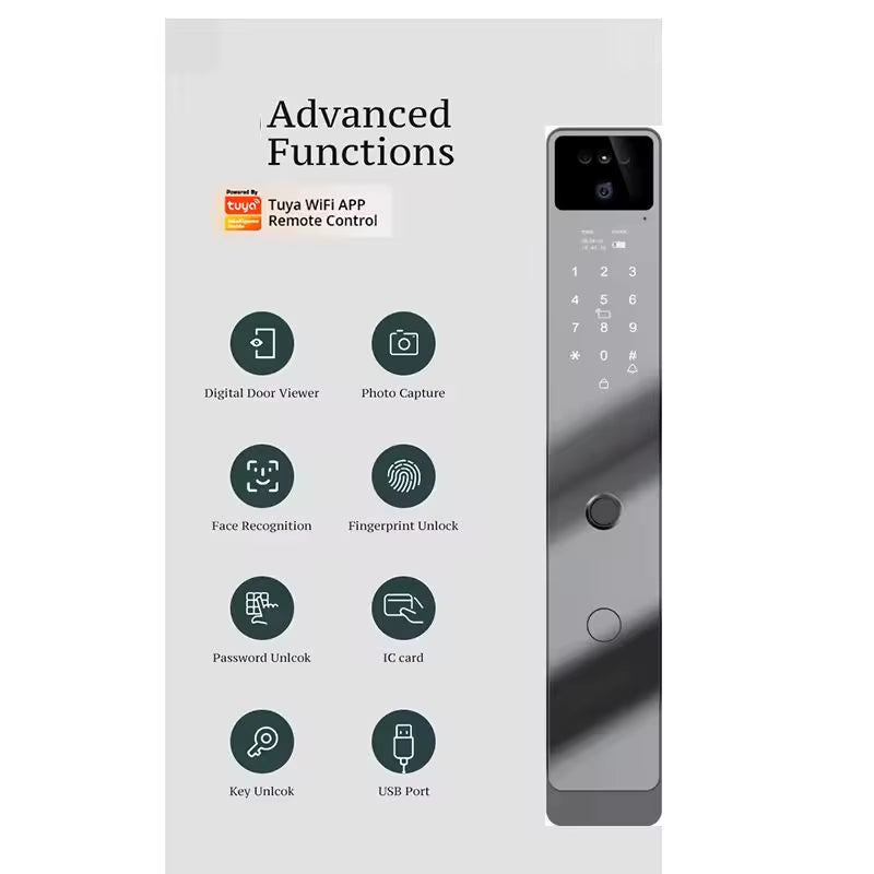 3D Face Recognition Smart Door Lock Wifi Electronic Home Lock with Camera RFID Card Compatible with Tuya for Smart Home Security