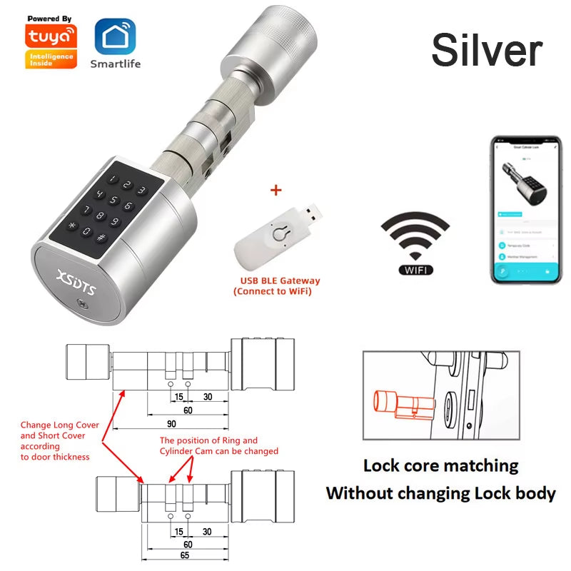 Tuya APP Fingerprint Cylinder Smart Door Lock Electronic Digital Keypad Code Keyless Remote Control Adjustable Home Apartment