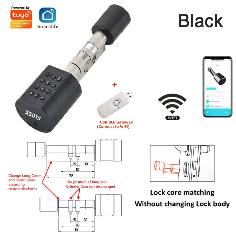 Tuya APP Fingerprint Cylinder Smart Door Lock Electronic Digital Keypad Code Keyless Remote Control Adjustable Home Apartment