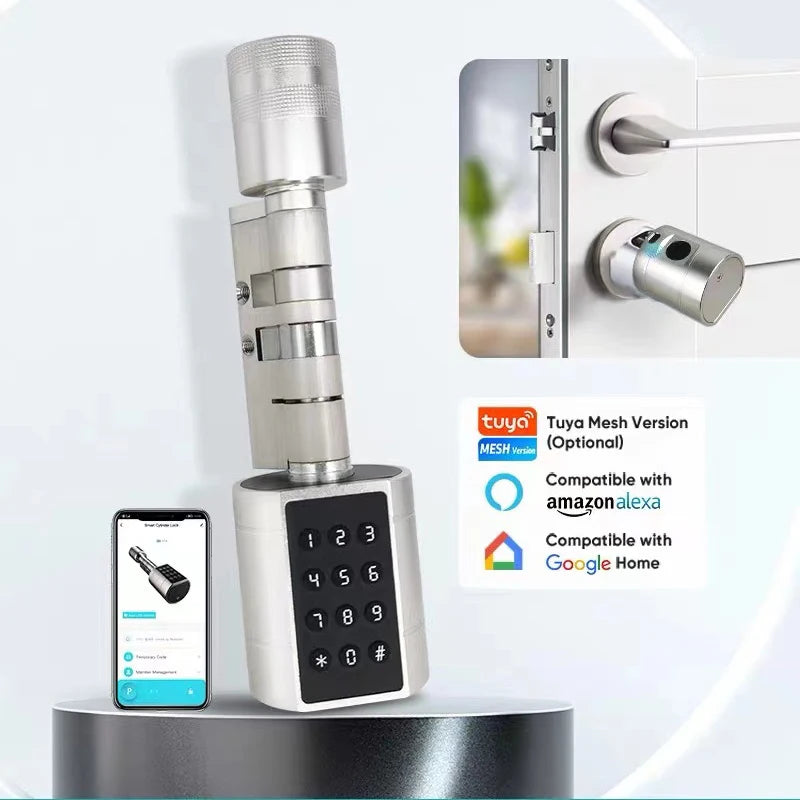 Tuya APP Fingerprint Cylinder Smart Door Lock Electronic Digital Keypad Code Keyless Remote Control Adjustable Home Apartment